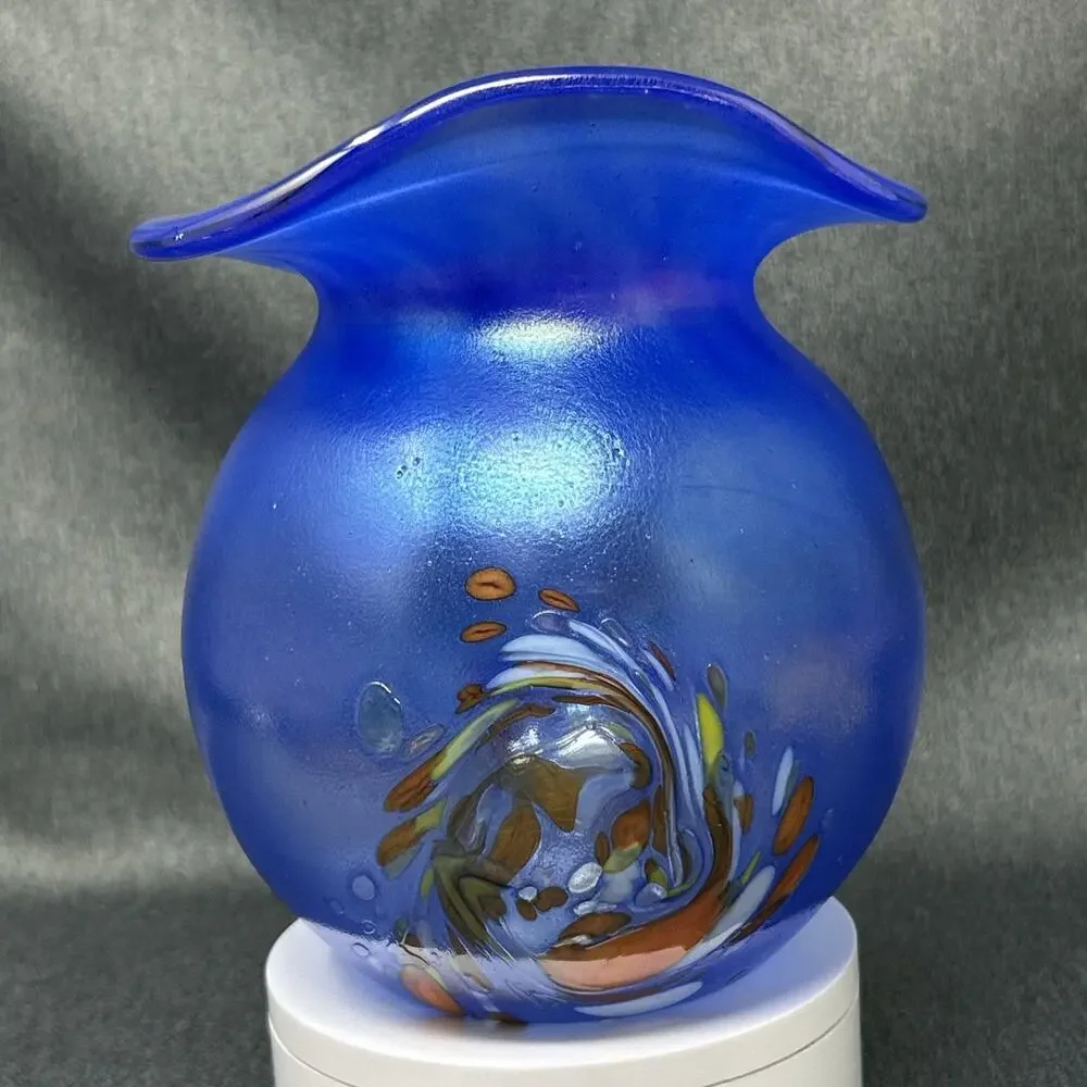 Von Poschinger Germany Blue Iridescent Art Glass Vase Confetti Flared Rim READ